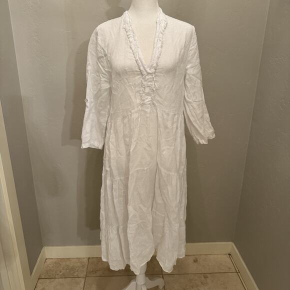 Francesca Bettini Dress Women S 100% Linen Made in Italy Lagenlook Coastal White - Picture 1 of 10